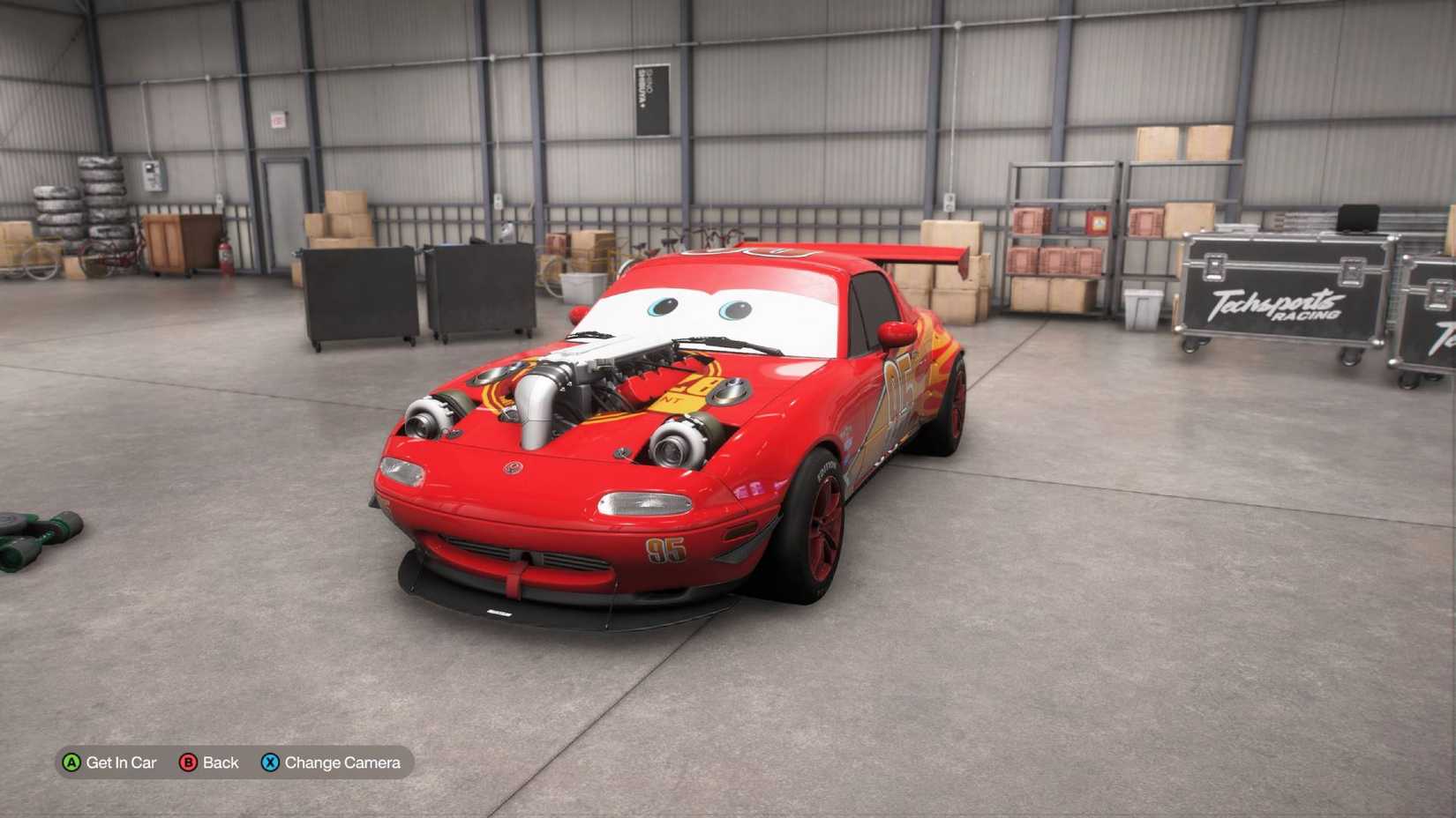 The Mazda MX-5 Miata Forza Edition with a Lignting McQueen livery in the Forza Horizon 6 garage.