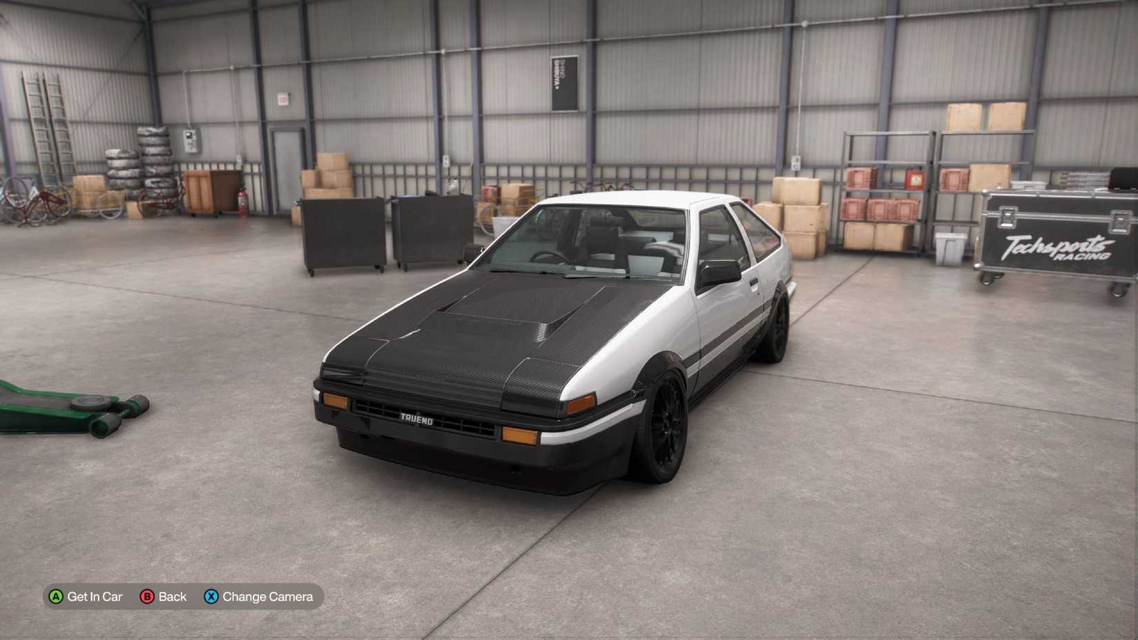 The Toyota Sprinter Trueno GT Apex in the garage in Forza Horizon 6.