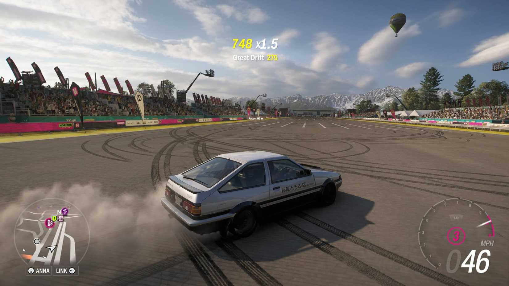 The Toyota Sprinter Trueno drifting at a drag strip in Forza Horizon 6.