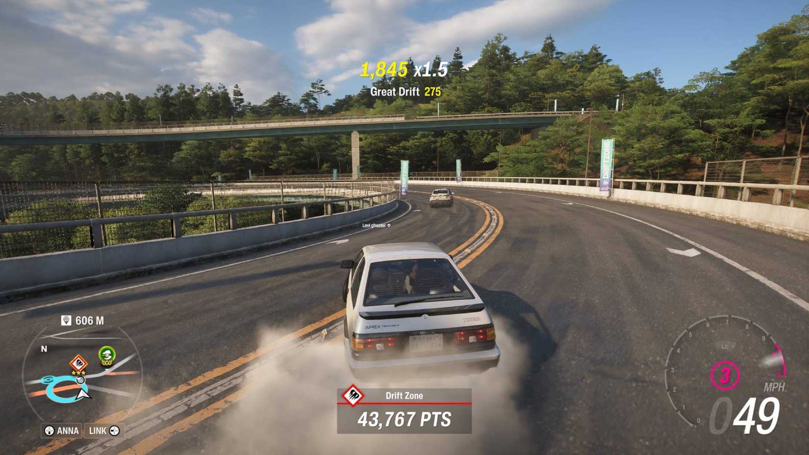 The Toyota Sprinter Trueno drifting down a loop in Forza Horizon 6.