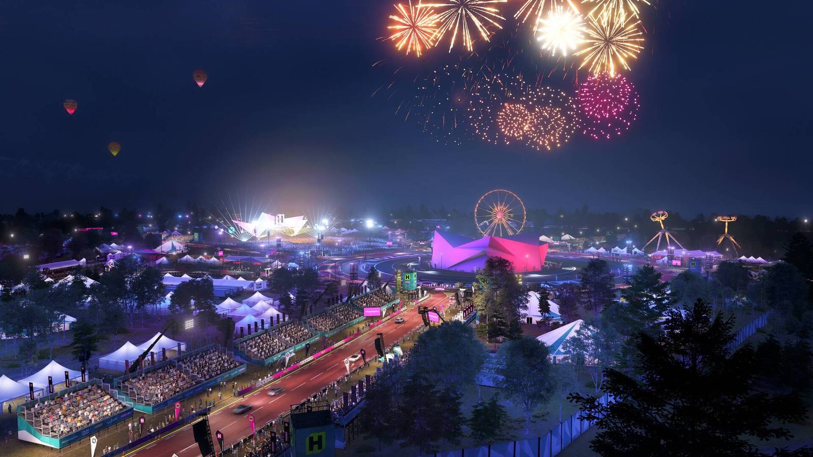 Feuerwerk am Nachthimmel über dem Festival in Forza Horizon 6.