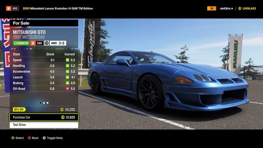 Inspecionando um Mitsubishi GTO azul em Forza Horizon 6.