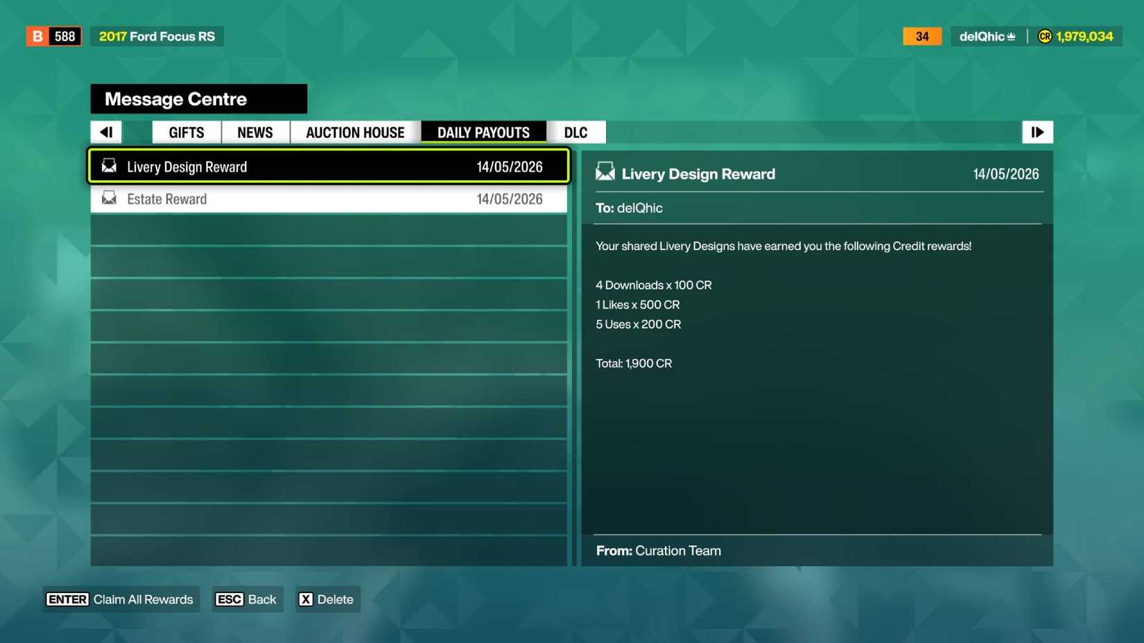 The rewards screen when other players use your livery in Forza Horizon 6.