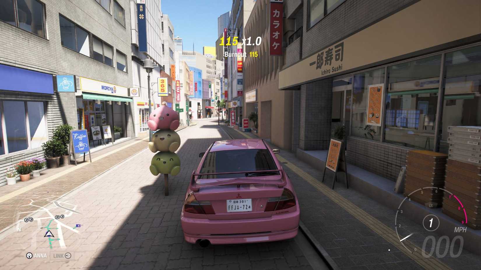 A pink Mitsubishi parked next to a mascot in Forza Horizon 6.