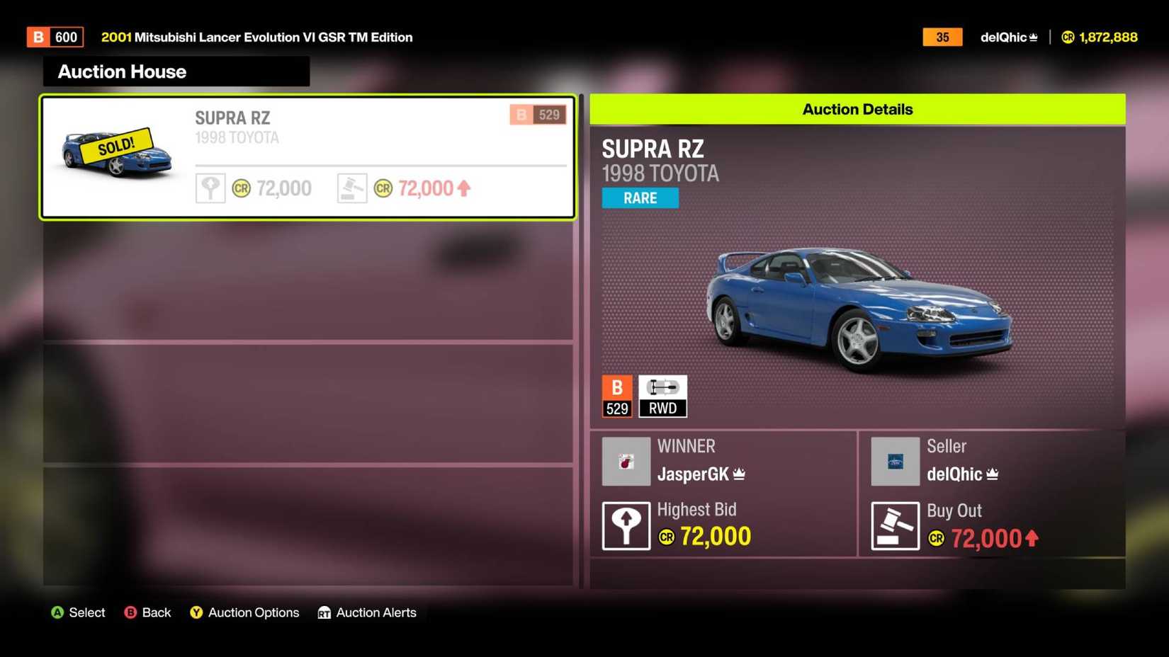 A completed auction in Forza Horizon 6.