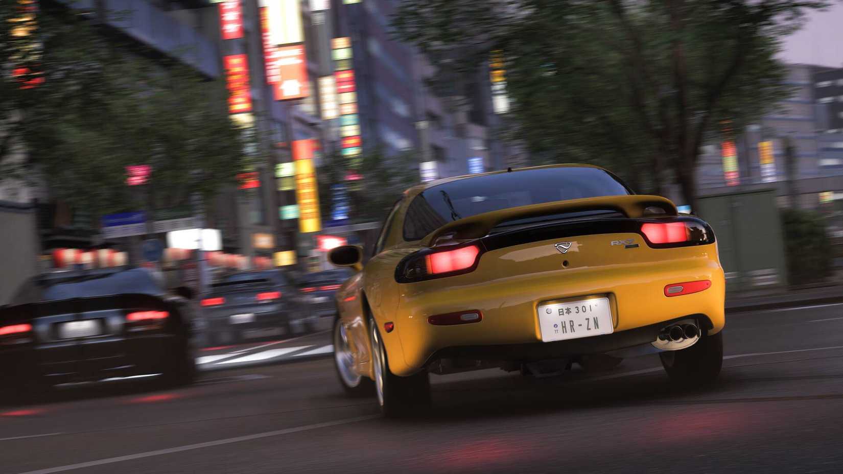 A yellow Mazda RX-7 drifting around a corner in Forza Horizon 6.