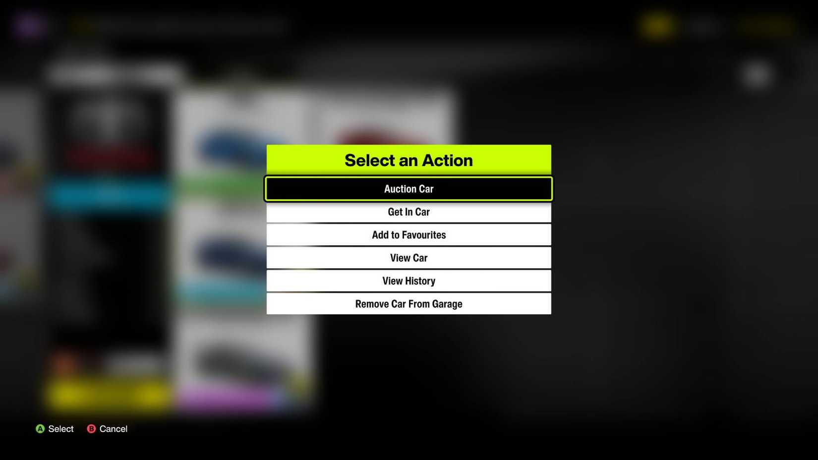 The list of options when you select a car in your garage in Forza Horizon 6.