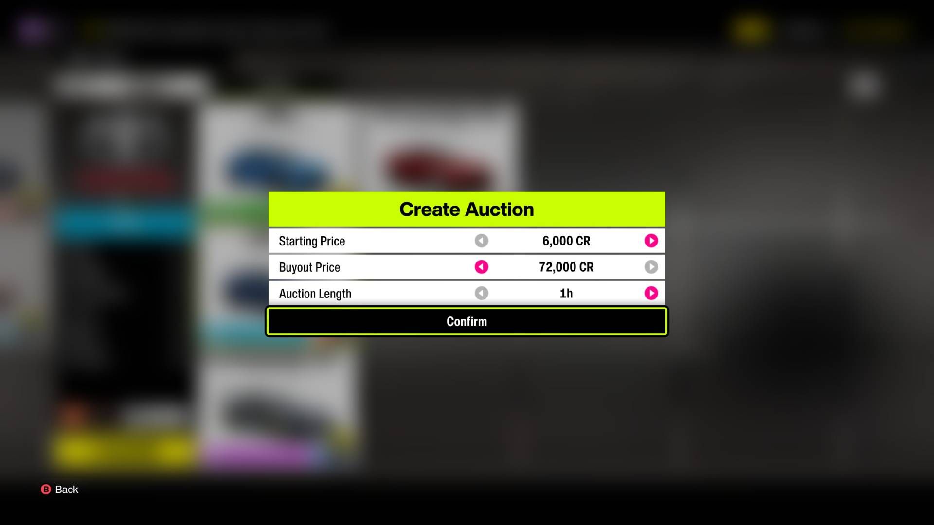 Setting up auction parameters in Forza Horizon 6.