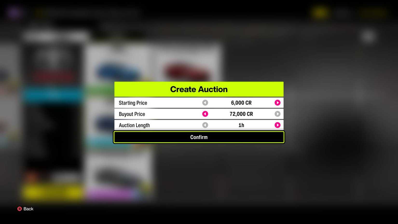 The options when creating an auction in Forza Horizon 6.