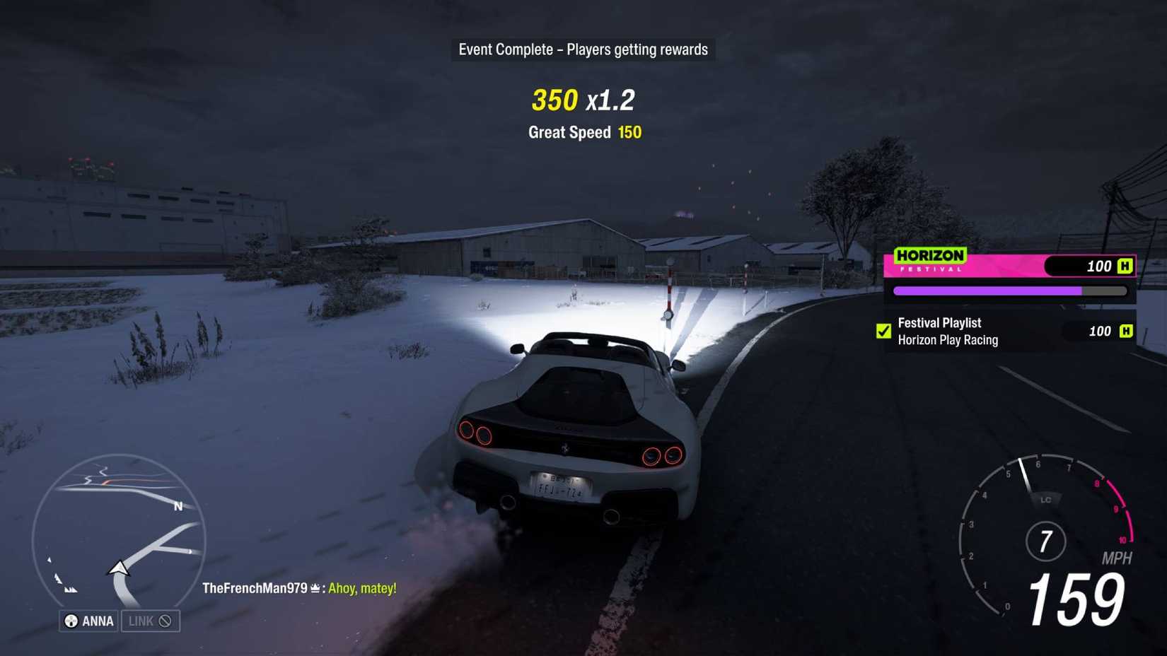 The player in Forza Horizon 6 earning a great speed skill by driving over 159mph.