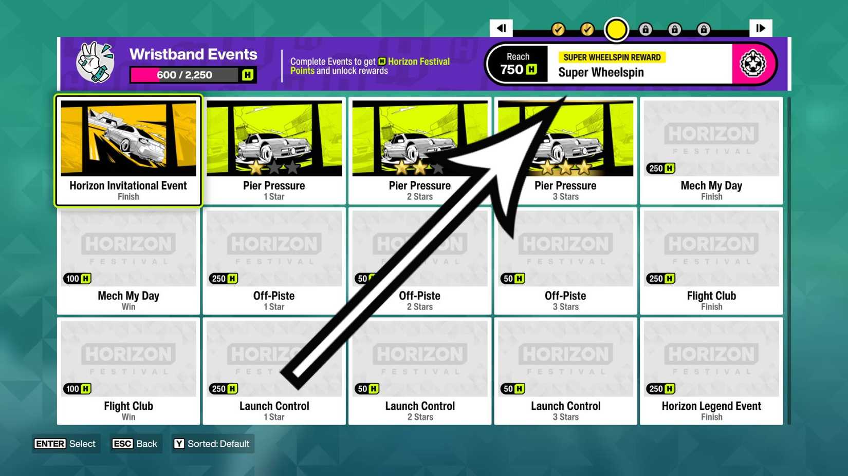 The journal in Forza Horizon 6 with an arrow pointing to the super wheelspin reward.