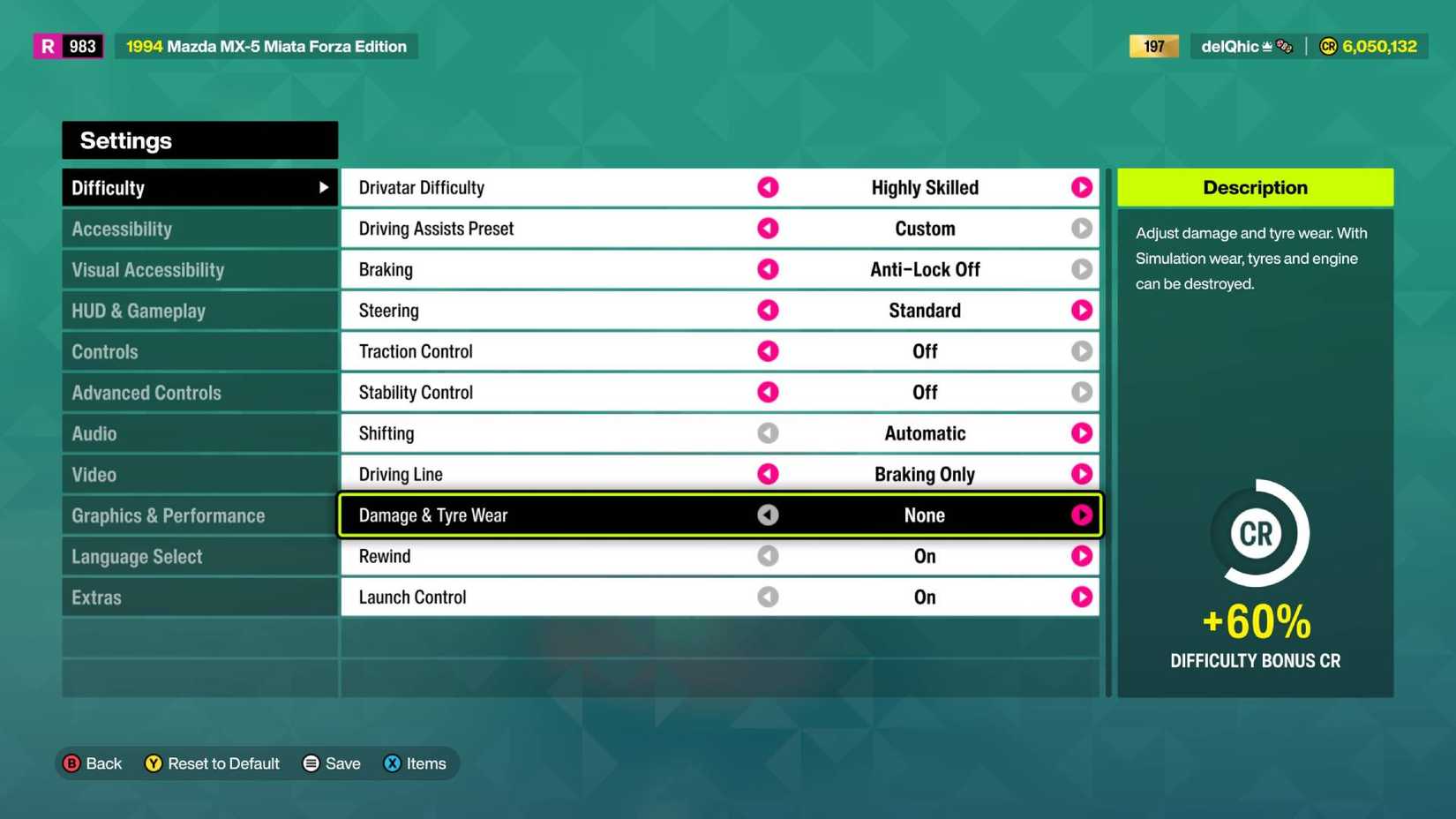 The settings screen on Forza Horizon 6 showing how to turn off car damage.