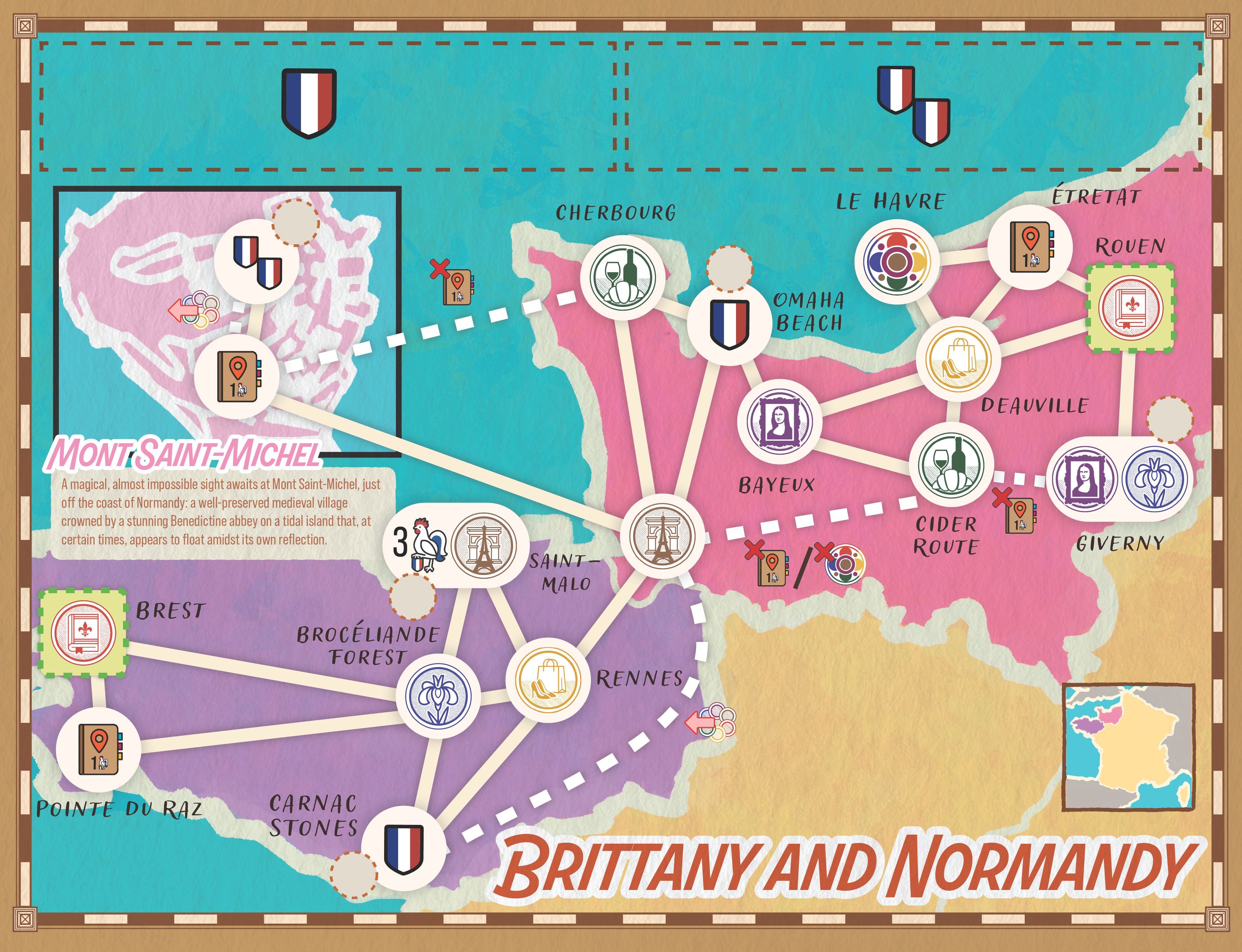 The game board for day trips to Brittany and Normandy from Let's Go! To France