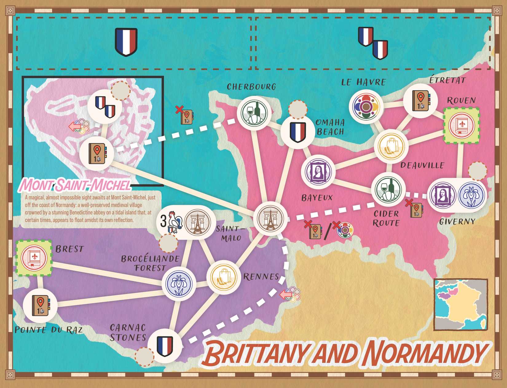 The game board for day trips to Brittany and Normandy from Let's Go! To France