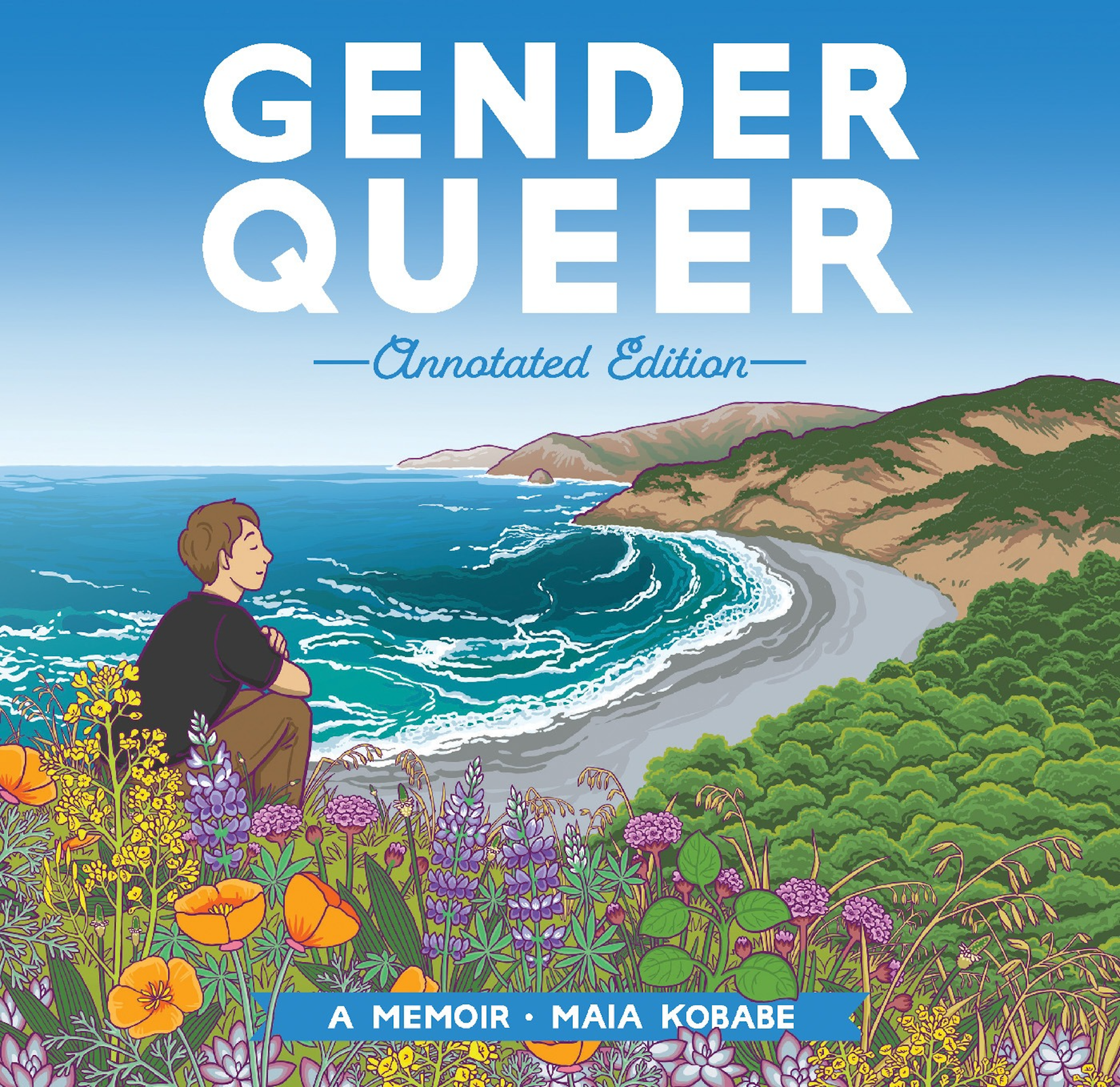 GENDER QUEER - Cartoonist Maia Kobabe self-portrait sitting among flowers overlooking the sea