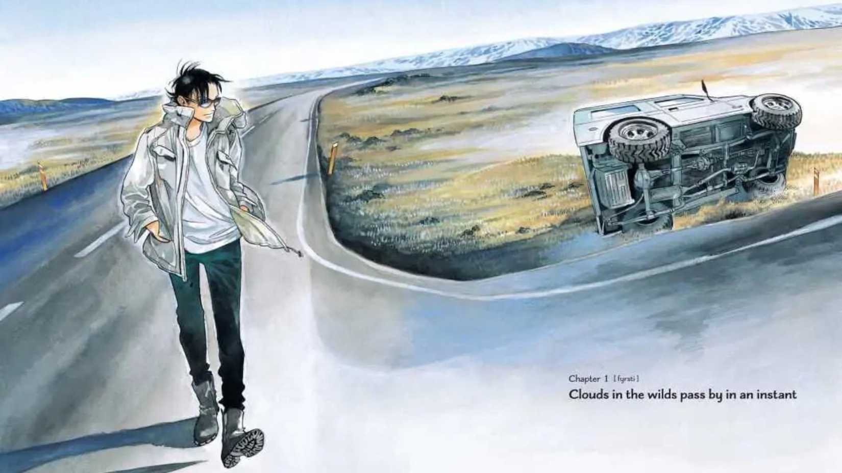 First panel of Go with the Clouds, North-by-Northwest featuring its protagonist Kei on a road, looking at an overturned Suzuki Jimny on the shoulder