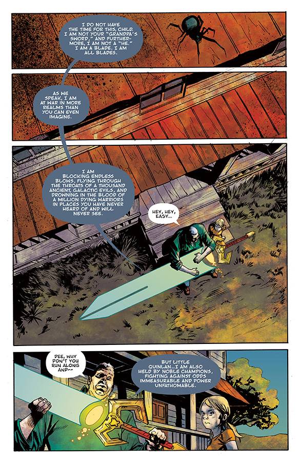 God Country issue 3 interior page showing an old man and his talking sword sitting on the front porch of a Texas ranch