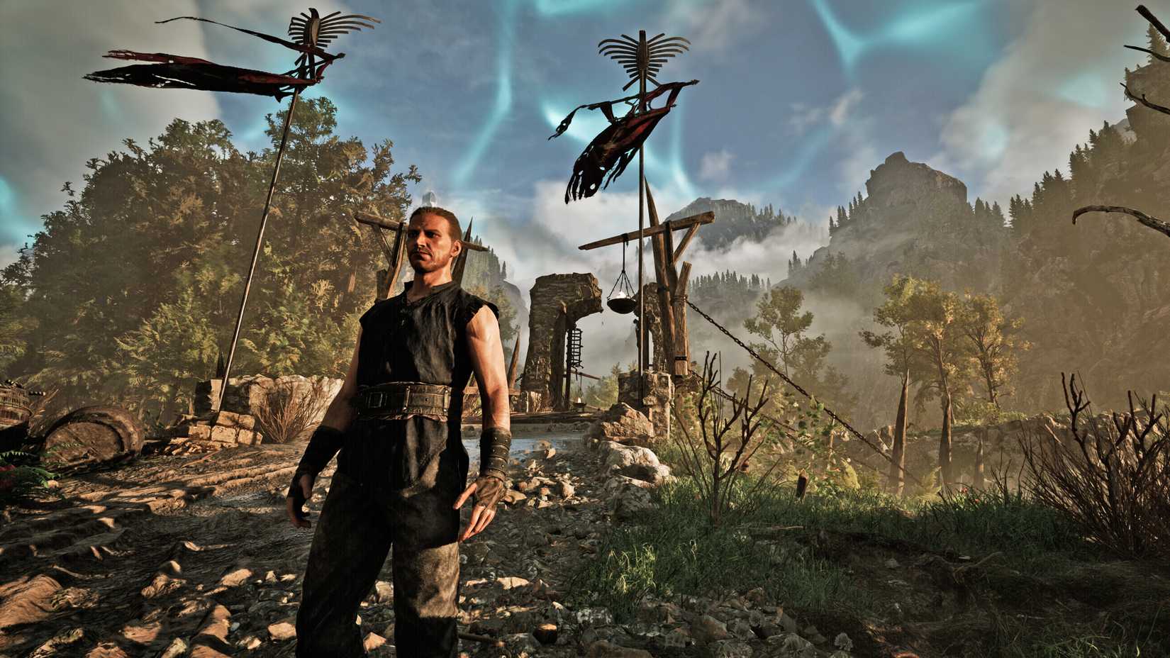 The Nameless Hero standing before a bridge in Gothic 1 Remake.