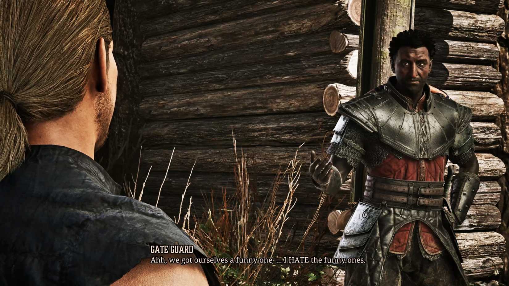 An irritated guard confronting the player.