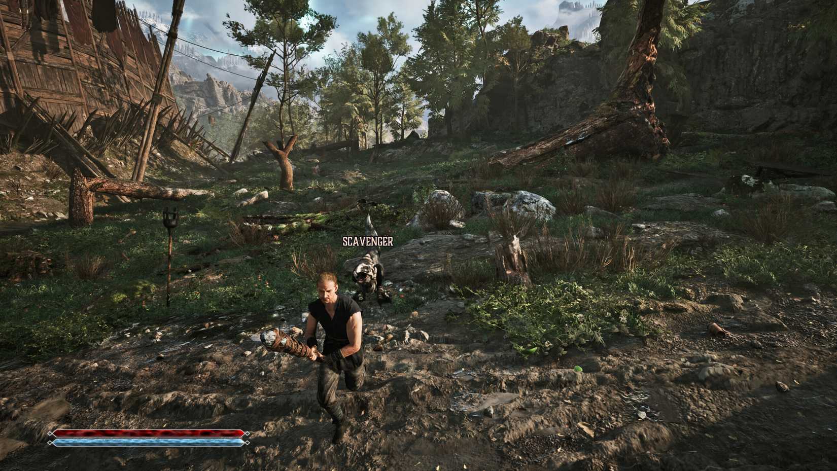 The Nameless Hero is attacked by a scavenger in Gothic 1 Remake.