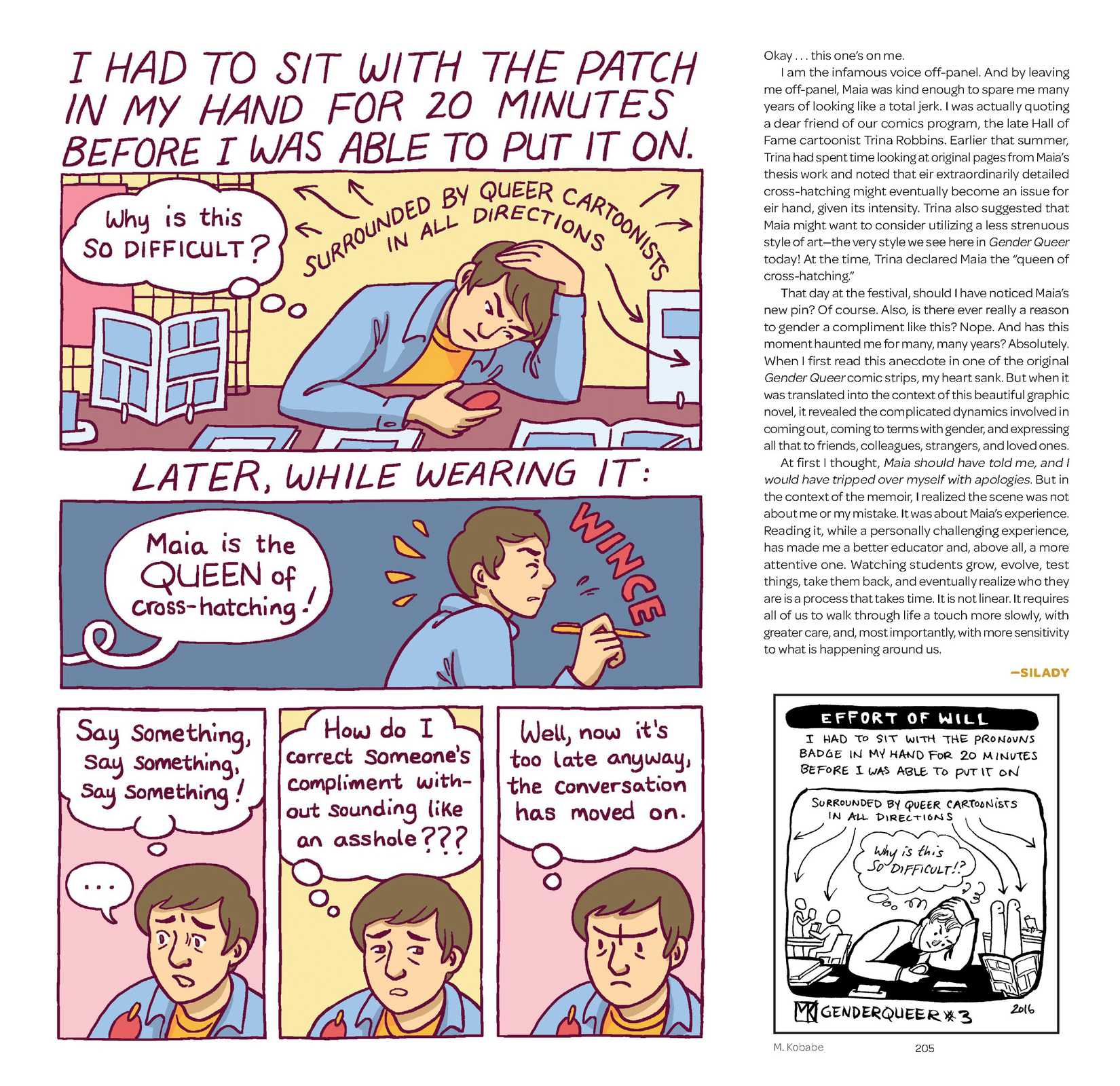 Maia Kobabe's Gender Queer, annotated editions - A page in which Maia, who does not identify as male or female, is misgendered and referred to as "queen"