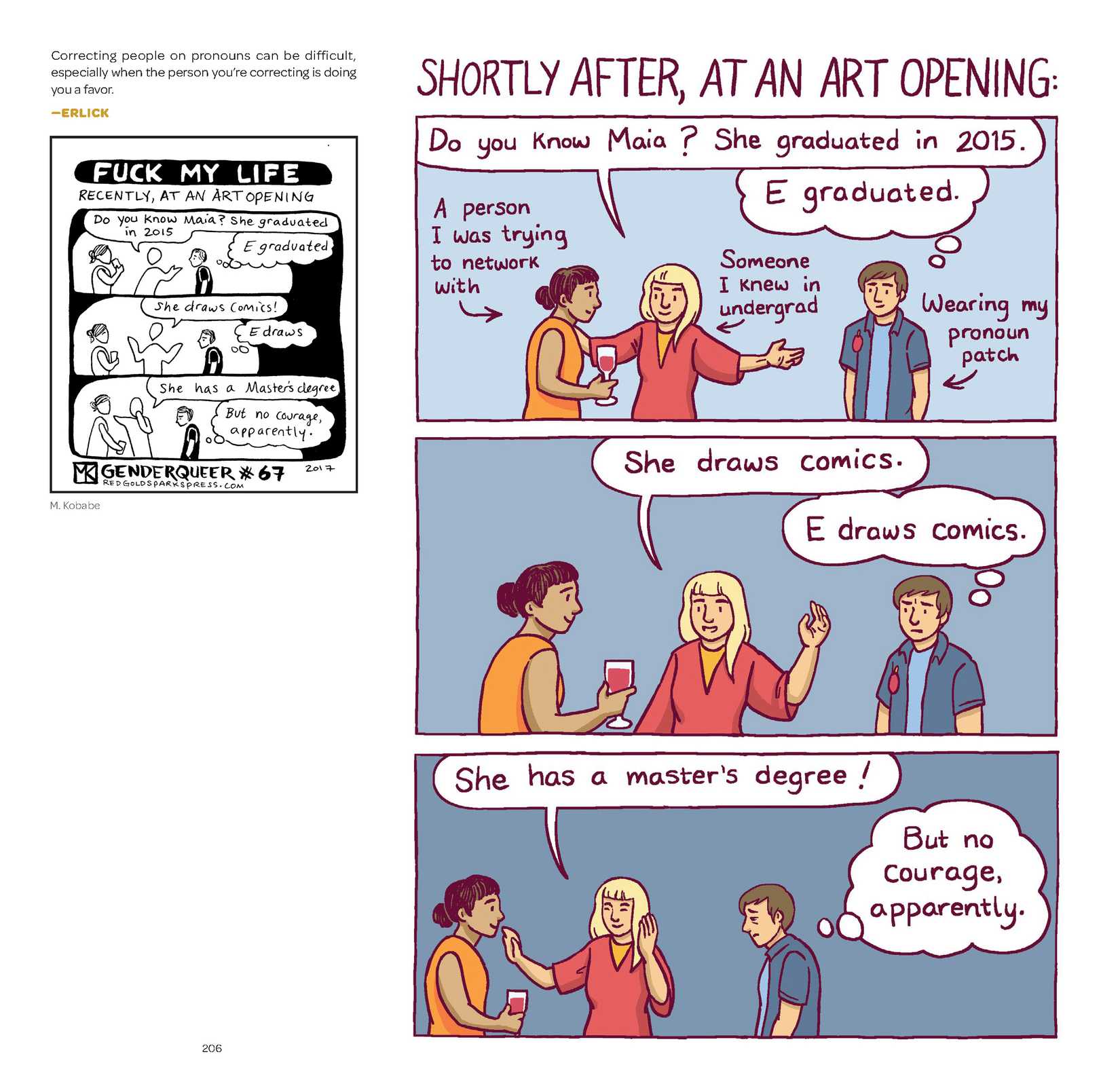 Maia Kobabe's Gender Queer, annotated editions - A page in which Maia, who does not identify as male or female, is misgendered but doesn't say anything