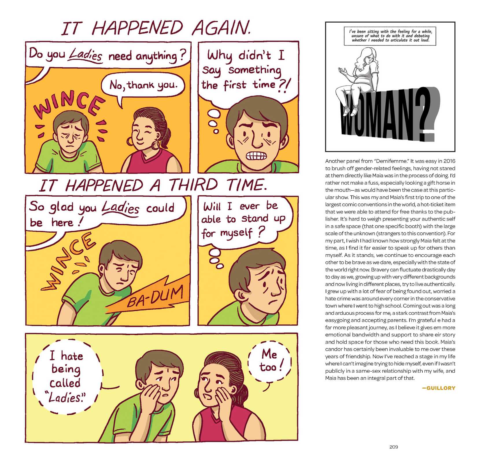 Maia Kobabe's Gender Queer, annotated editions - A page in which Maia is misgendered multiple times, sharing with eir table partner that e does not like to be called "ladies"