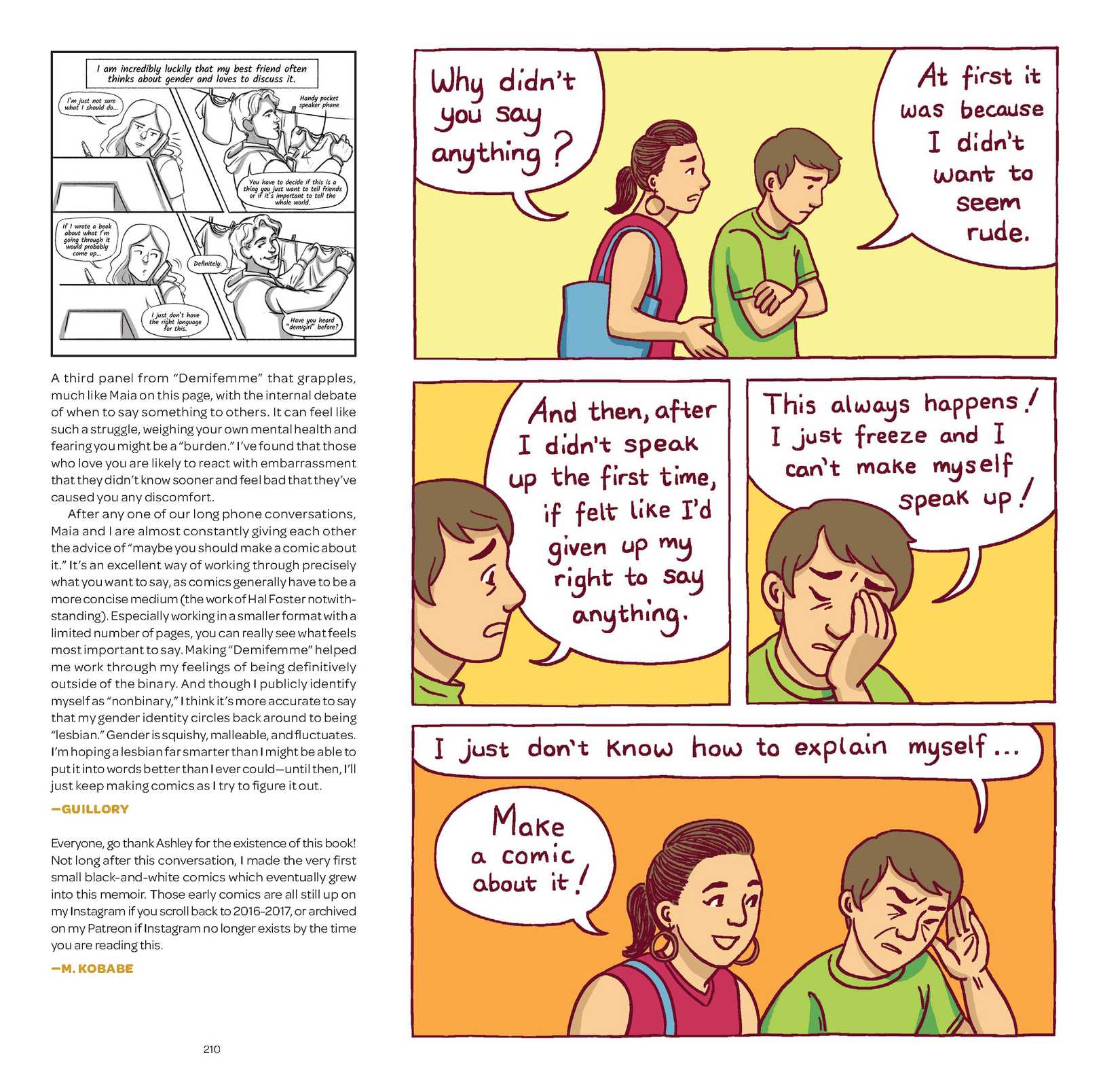 Maia Kobabe's Gender Queer, annotated editions - A page in which Maia struggles with not having spoken out when misgendered at a convention and is encouraged to make a comic about it
