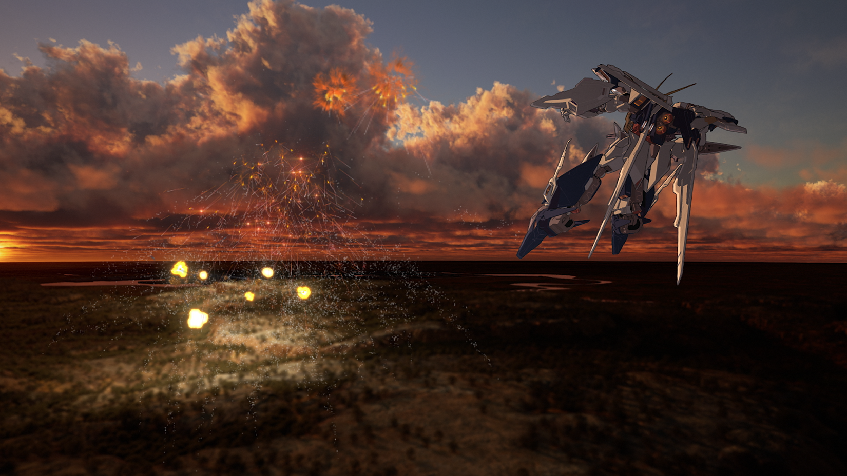 Shot from Mobile Suit Gundam Hathaway: The Sorcery of Nymph Circe of Hathaway in his Gundam with explosions. 