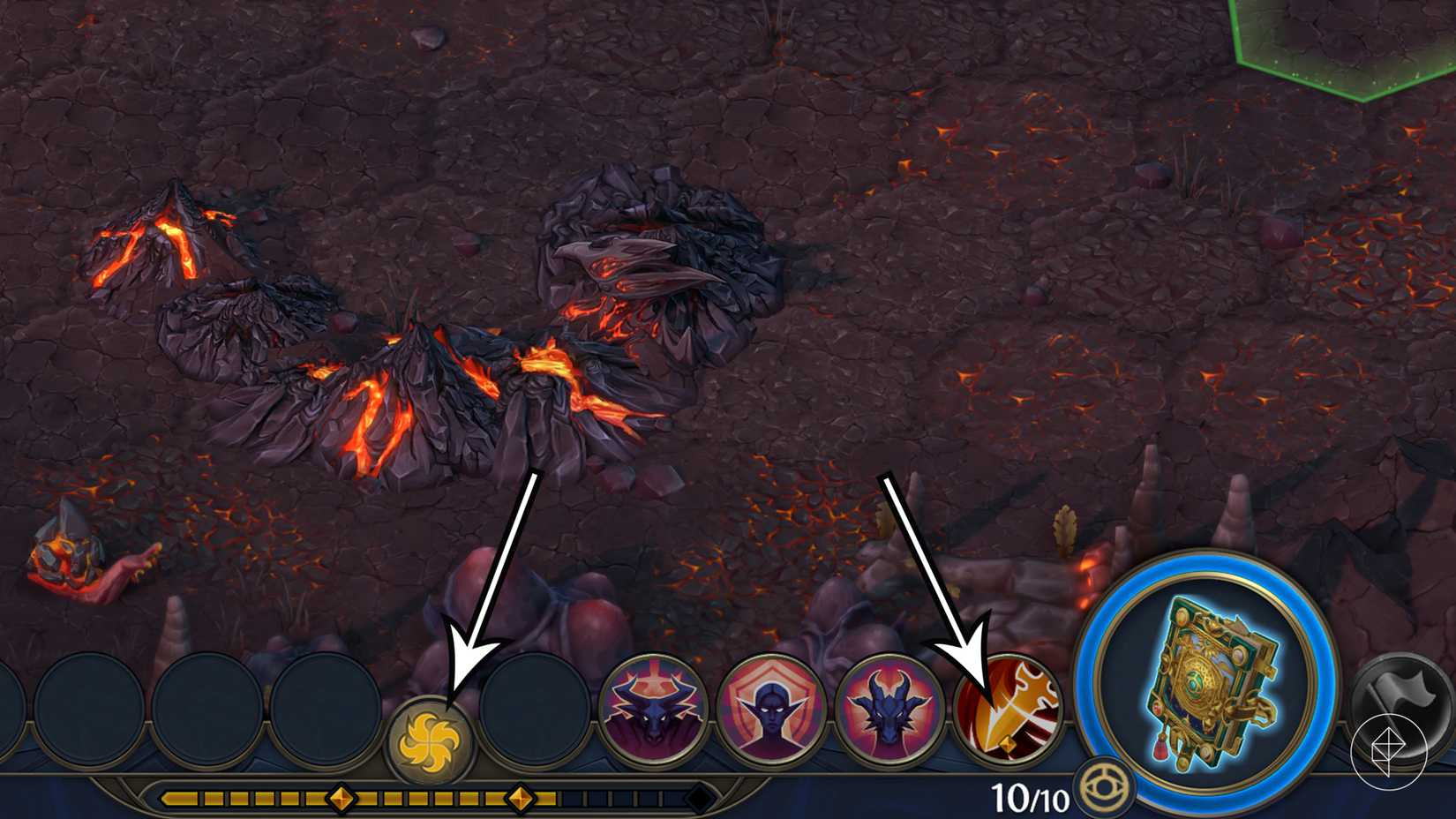 Les flèches pointent vers la barre de concentration et une capacité avec un coût en points de concentration dans Heroes of Might and Magic: Olden Era.