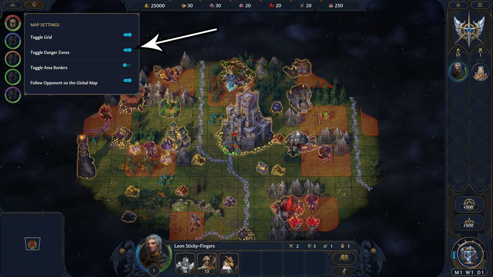 Une flèche pointe vers le "zones dangereuses" fonctionnalité de carte dans Heroes of Might and Magic: Olden Era.