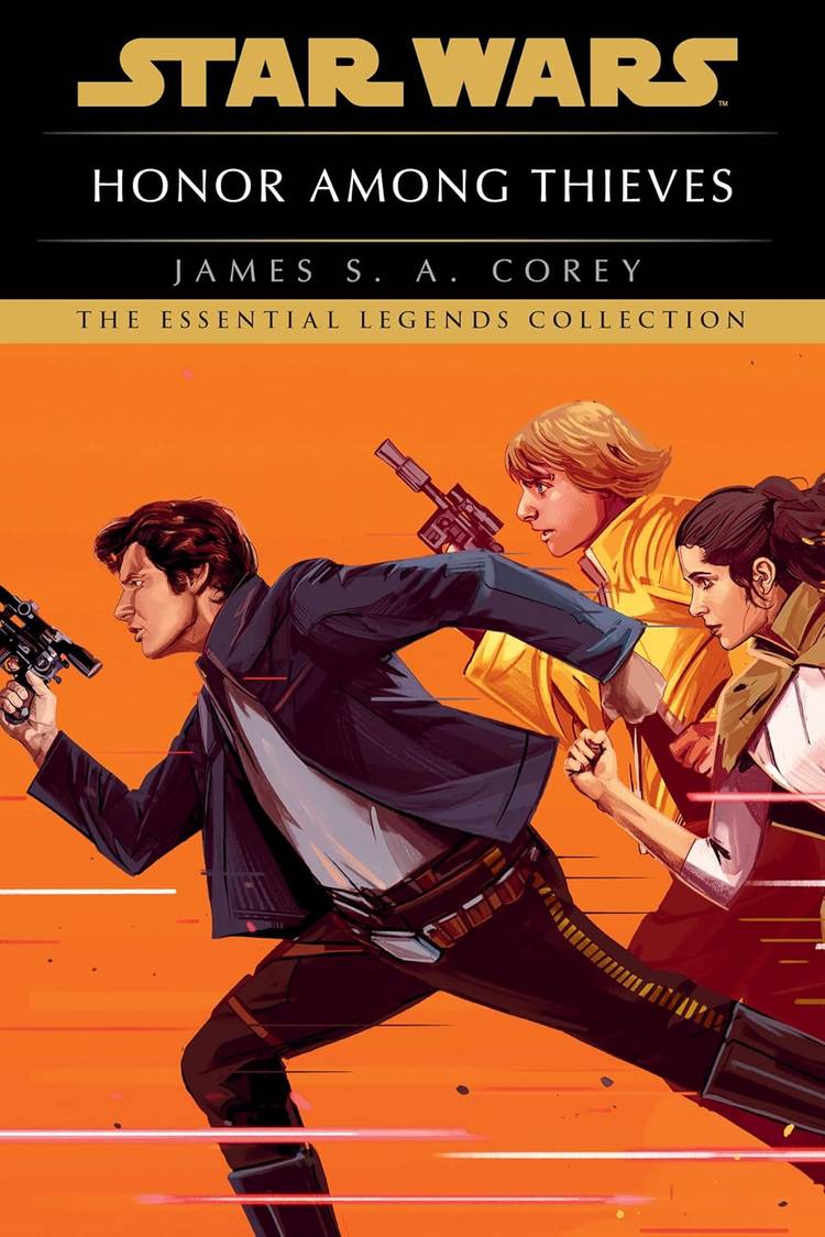  Honor Among Thieves, showing Han, Luke, and Leia all running, against a bright orange background with a lot of movement lines