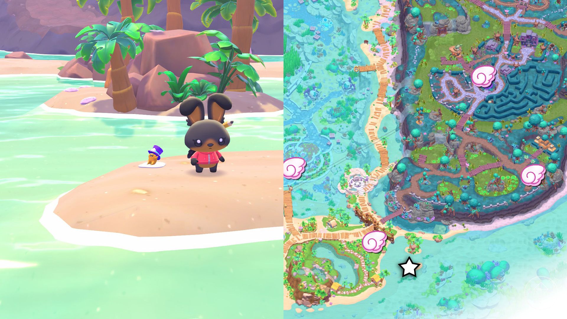 A rabbit character standing near Tophat Gudetama on a sandy beach.