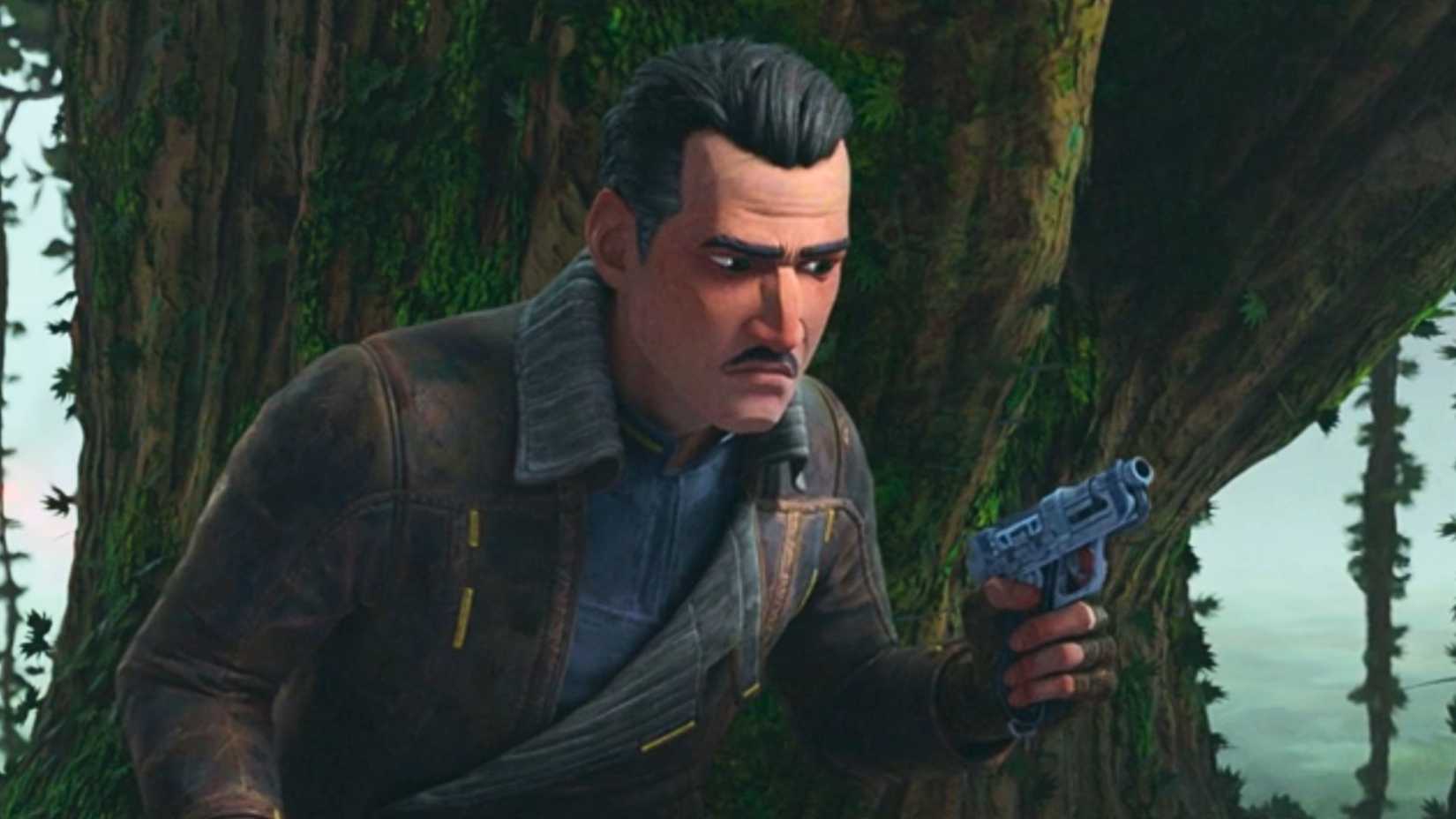 An image from Maul — Shadow Lord featuring Brander Lawson. It shows him with a blaster in hand, hiding behind a thick, green tree.