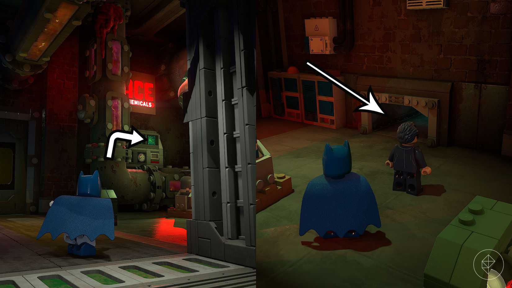 Uma montagem com capturas de tela de Lego Batman: Legacy of the Dark Knight mostrando o caminho no "Gangue do Capuz Vermelho" missão de encontrar o tijolo vermelho do nível