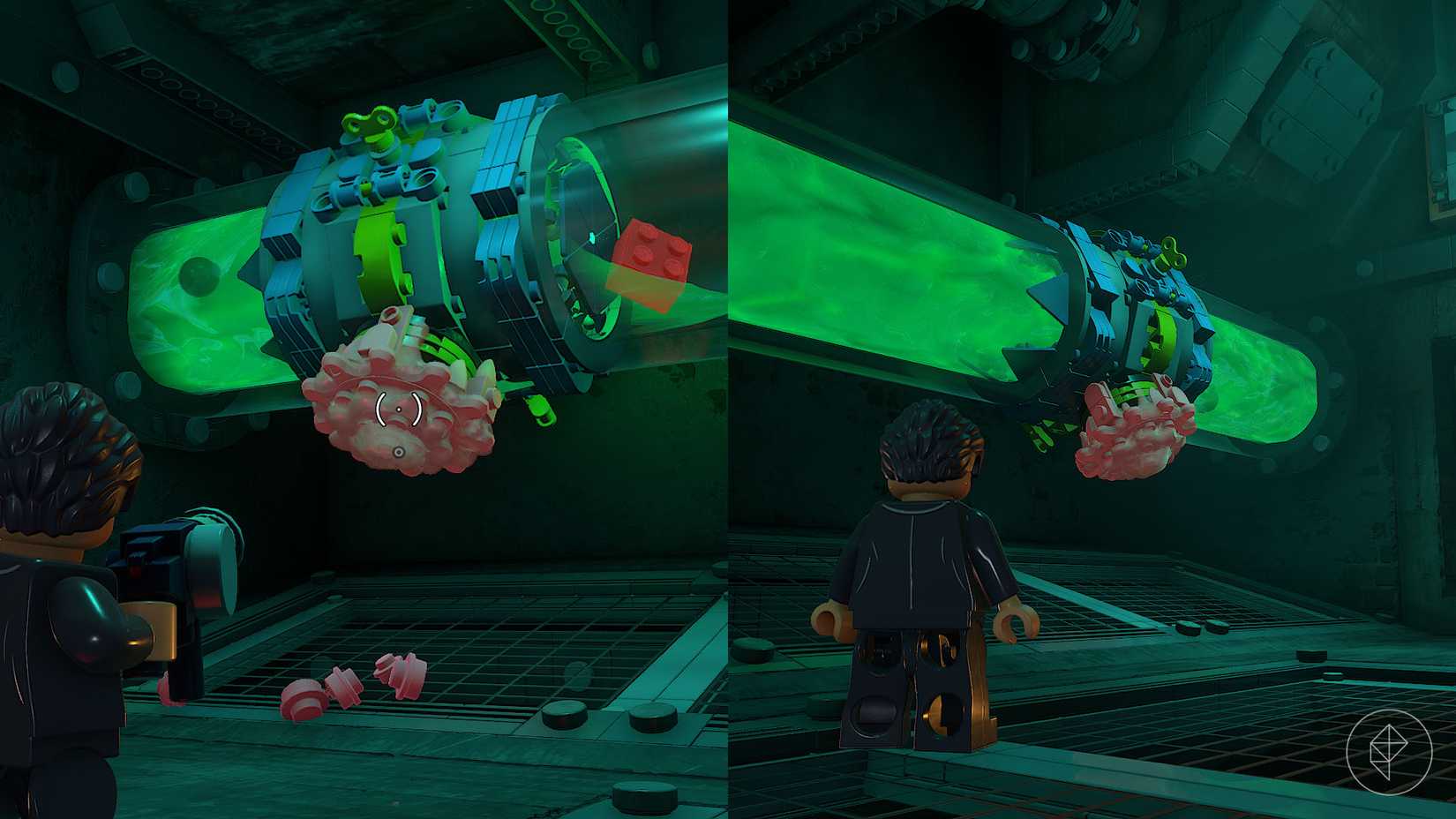 Uma montagem com capturas de tela de Lego Batman: Legacy of the Dark Knight mostrando dois canos com líquido verde