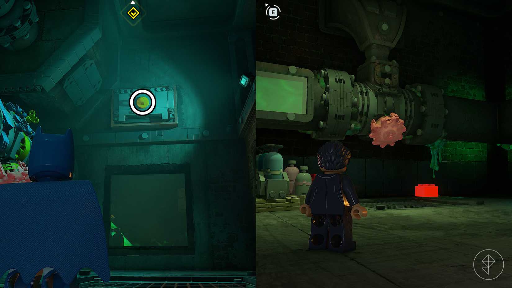 Uma montagem com capturas de tela de Lego Batman: Legacy of the Dark Knight mostrando como sair da sala dos canos e onde encontrar o tijolo vermelho