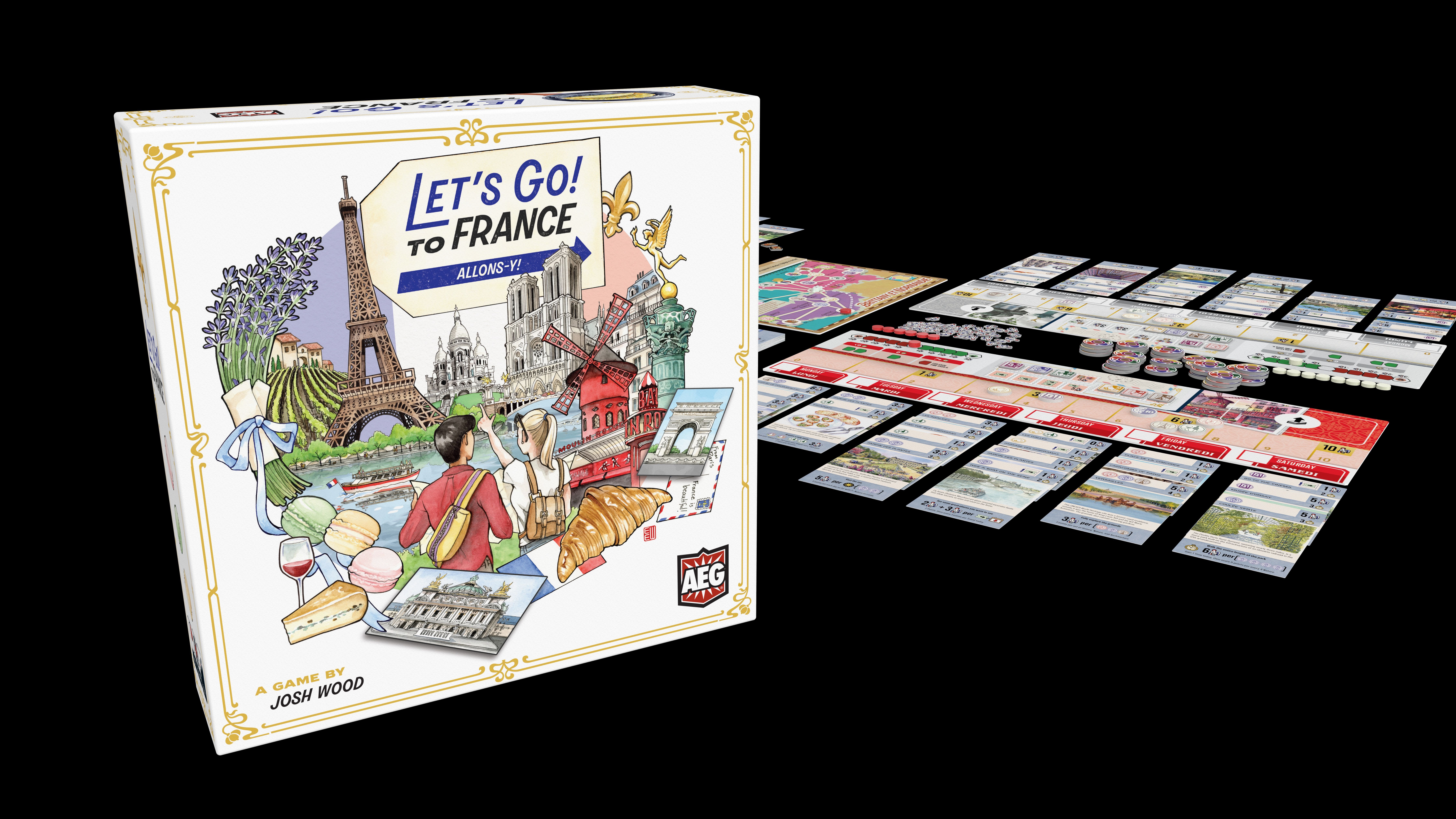 The box and components for Let's Go! To France
