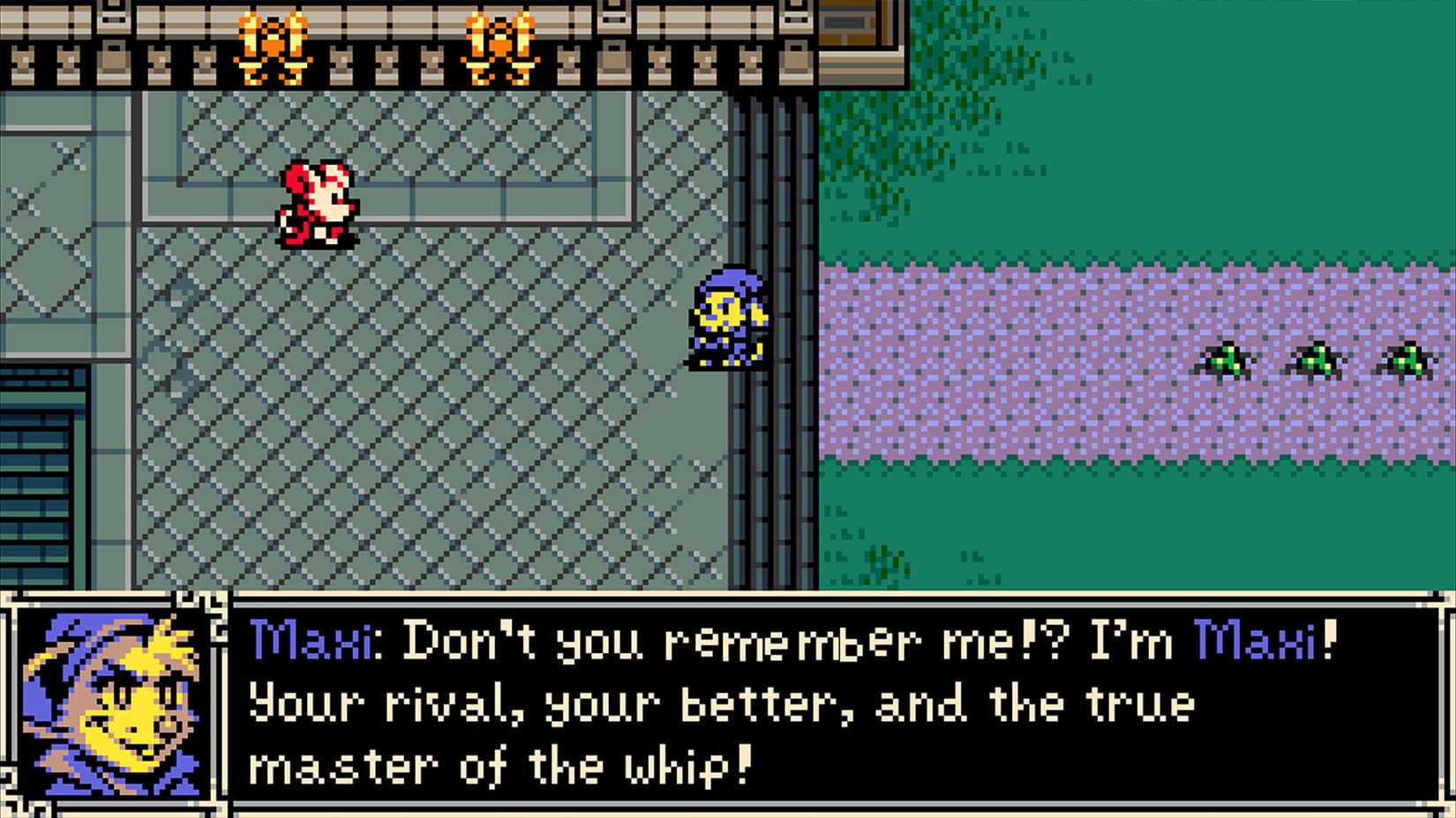 Maxi, a mouse wearing a blue outfit, confronting Mina the Hollower on a stone path.