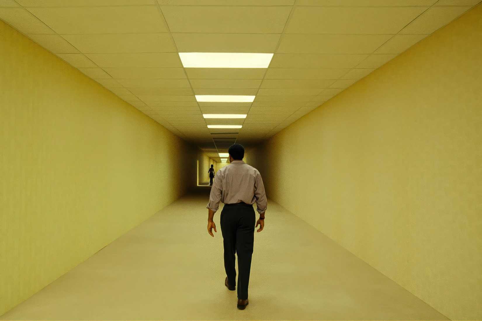 Clark (Chiwetel Ejiofor) walks through a long hallway with yellow walls, floor, and ceiling panels in Backrooms