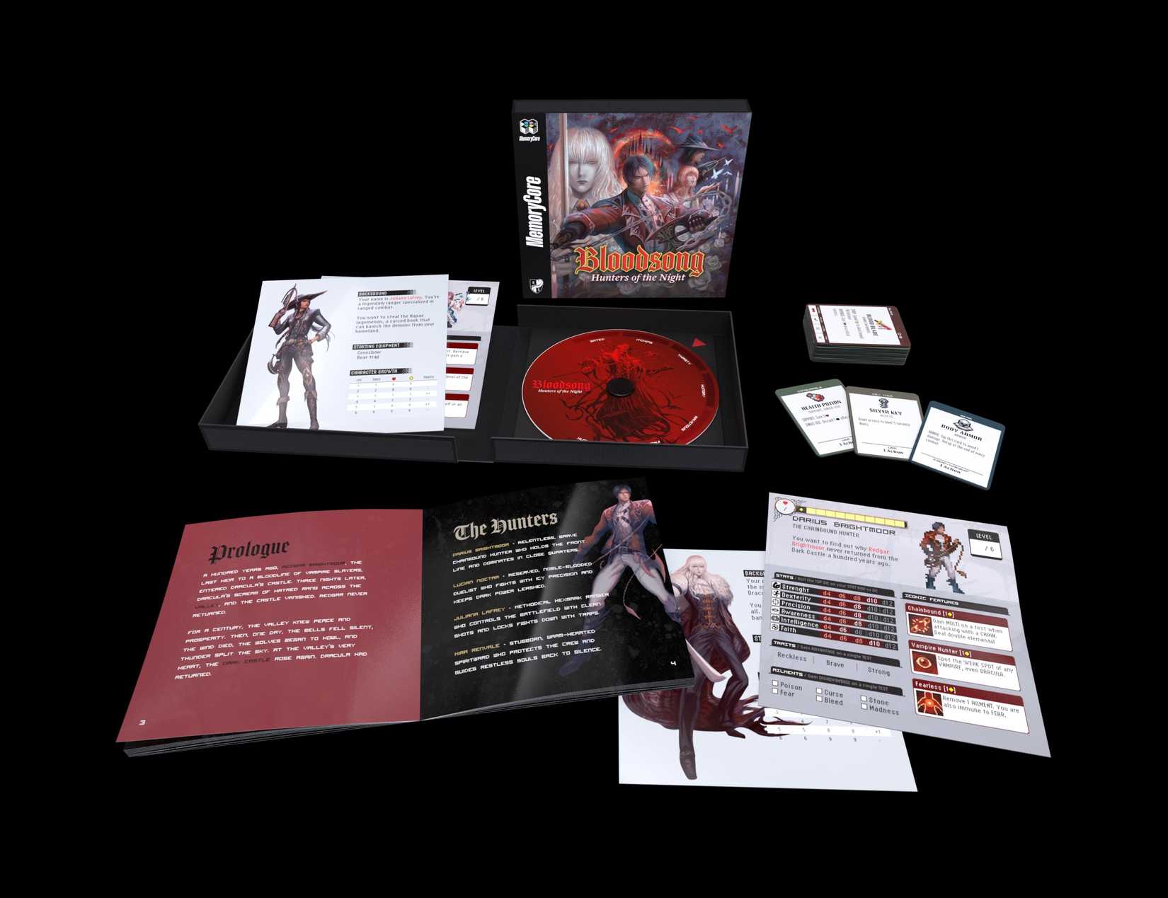  Hunters of the Night include a prologue book, character cards, and equipment cards.