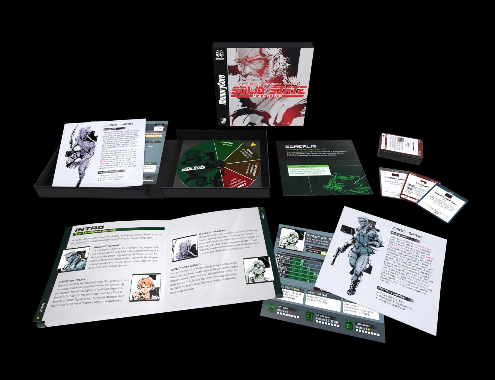 The components of MemoryCore Solid State Machine include a map, player cards, alert tracker and intro scenario.