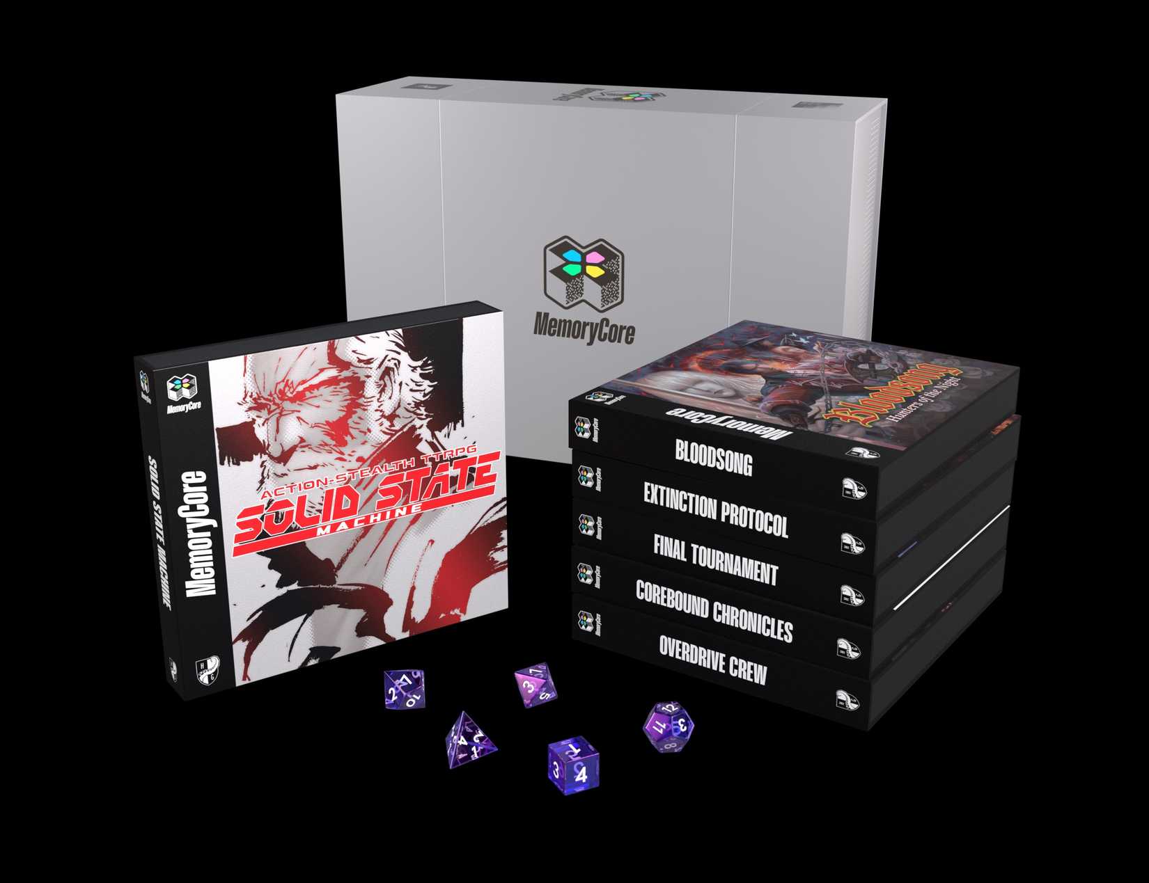 A stack of jewel-case style boxes and a set of dice are positioned in front of the MemoryCore box.