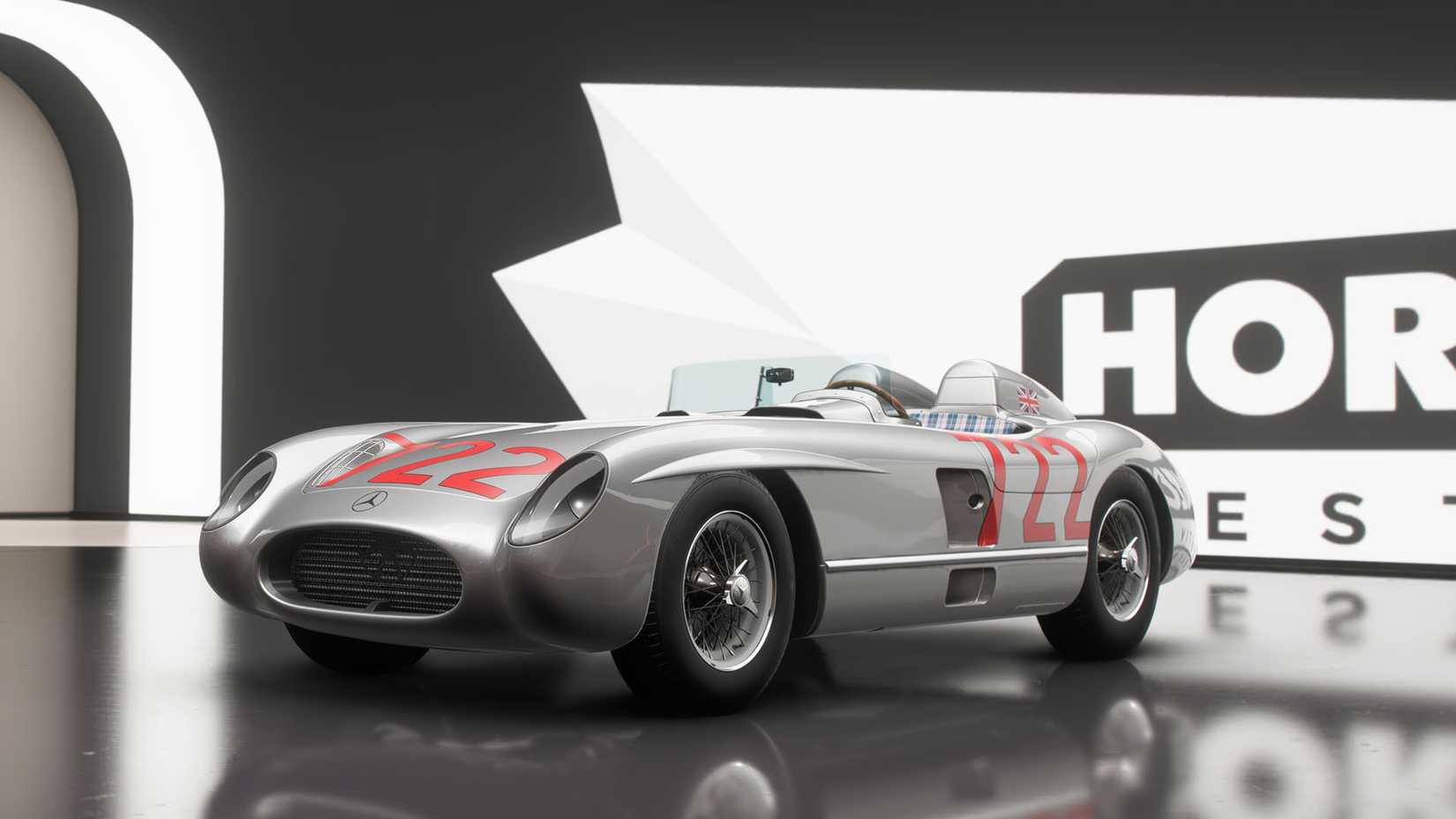 The Mercedes Benz 300 SLR, a vintage sports gray sports car, in Forza Horizon 6.