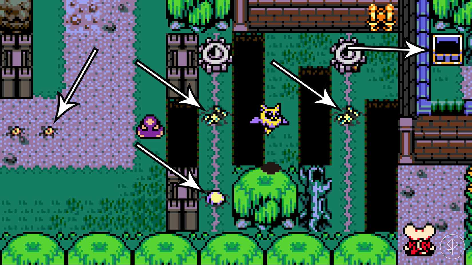 Arrows point to bone fragments and a treasure chest in Mina the Hollower.