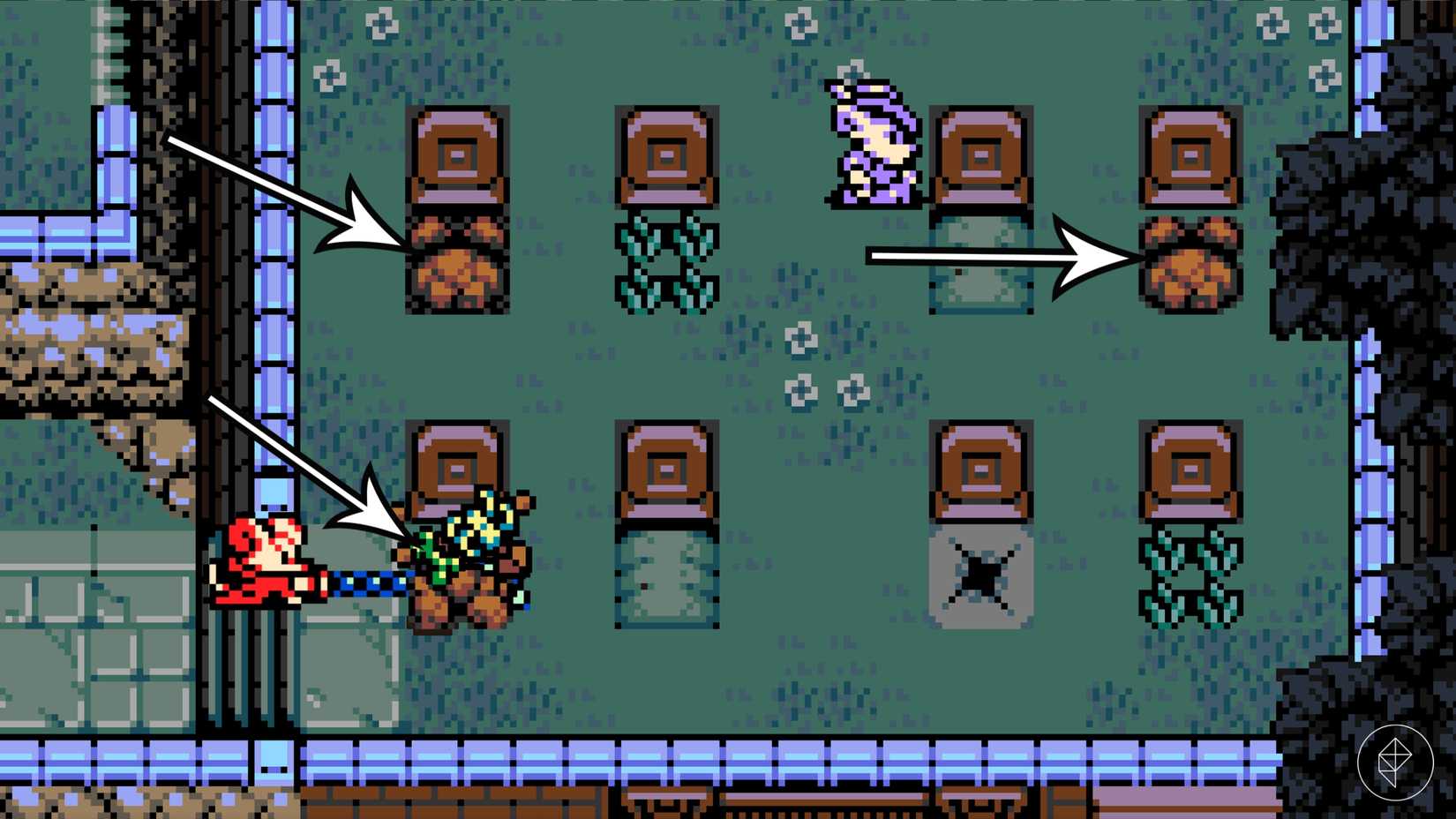 Arrows point to bone farming locations in Mina the Hollower.