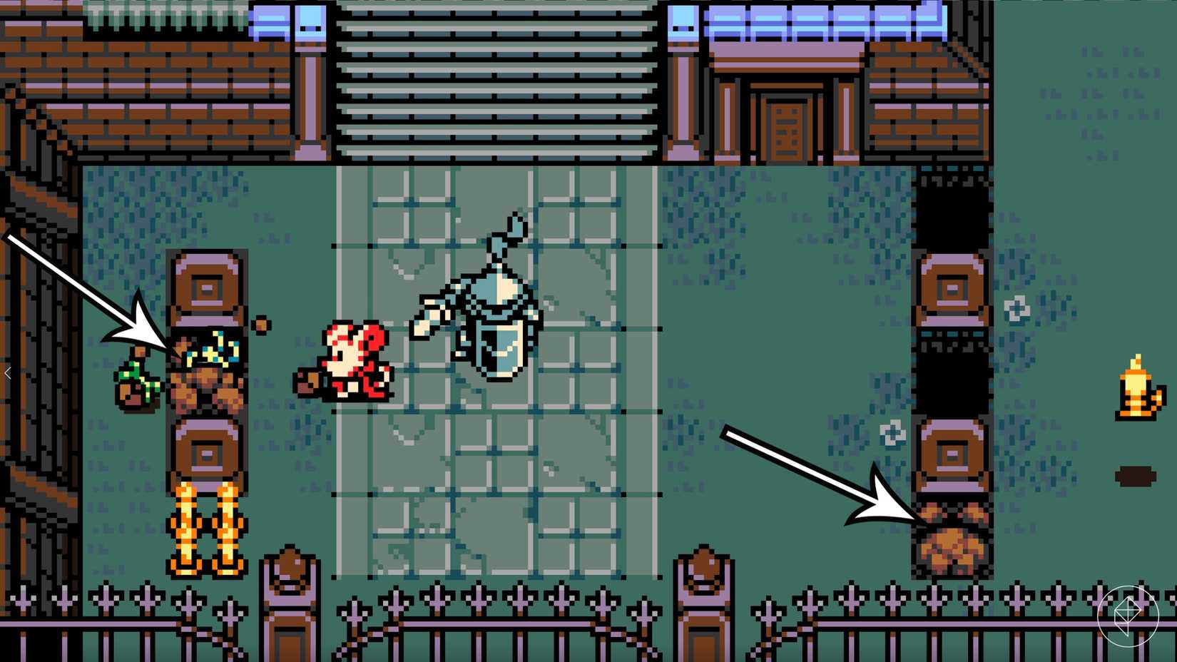 Arrows point to bone farming locations in Mina the Hollower.