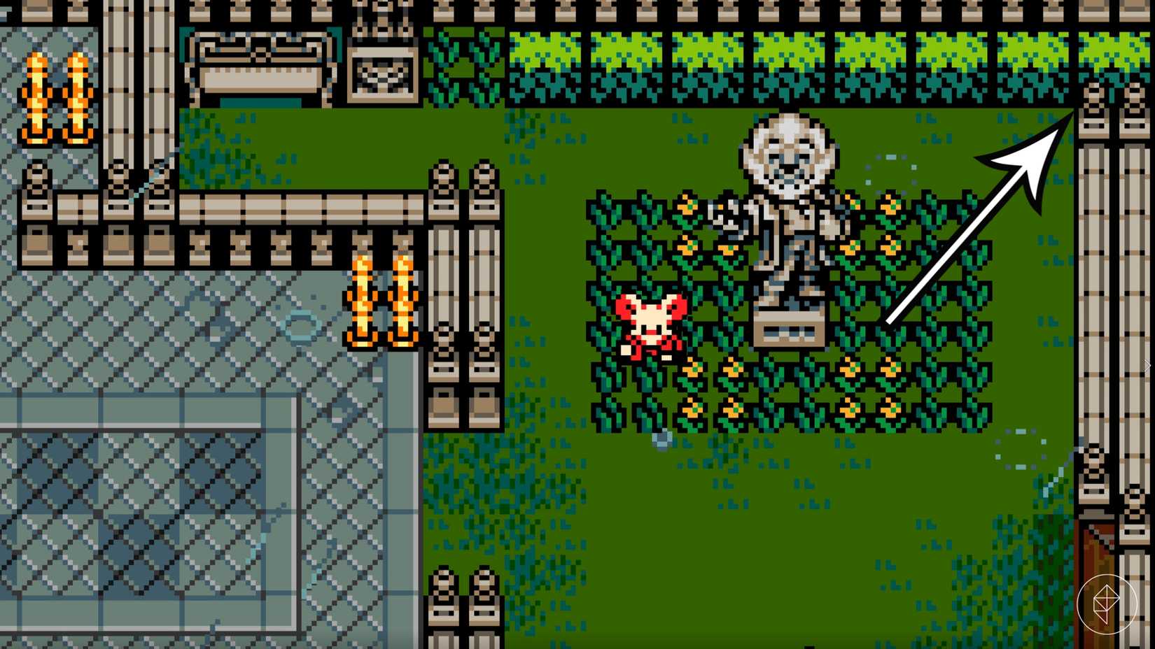 An arrow shows the way to Elizabeth and the Deboning Wand in Mina the Hollower.
