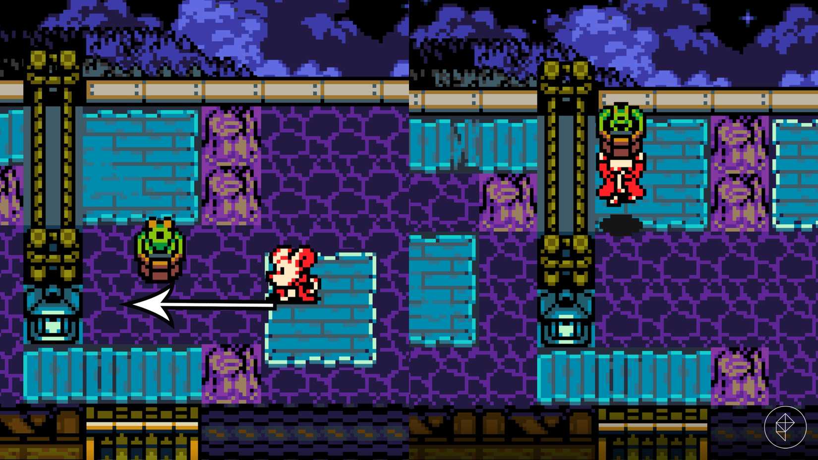 Mina throws the little frog into the water and picks him up again in Mina the Hollower.