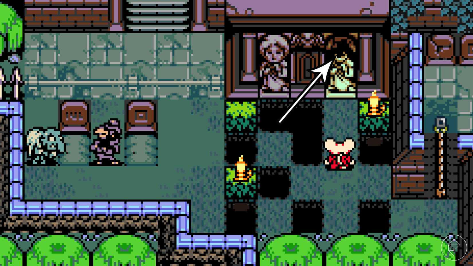 An arrow points to a headless statue in Mina the Hollower.